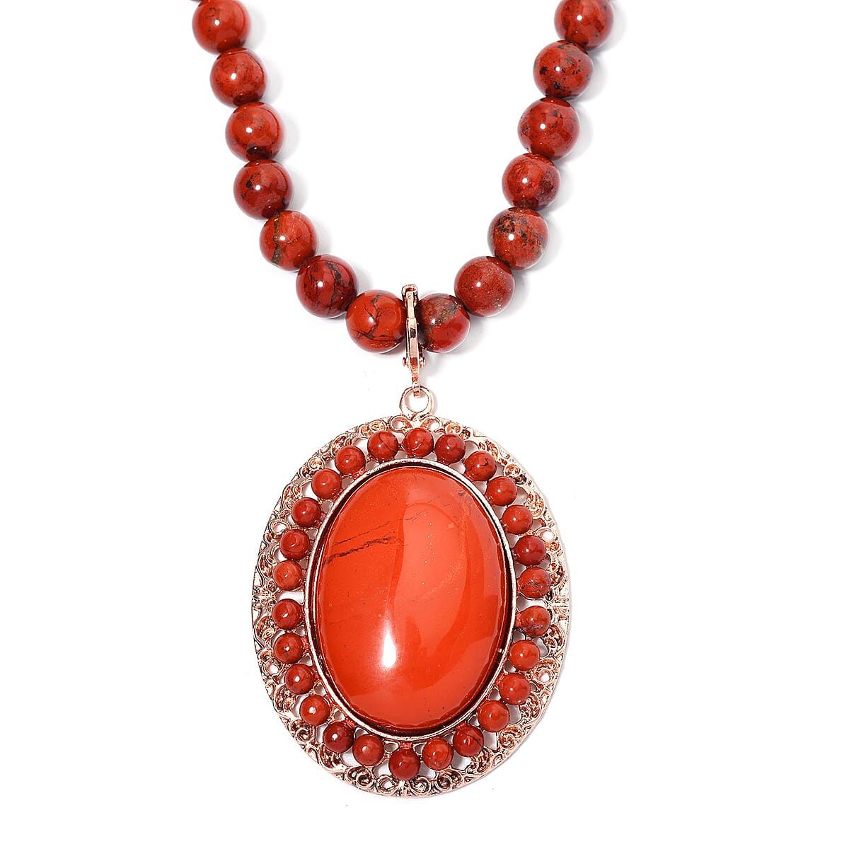 Red Jasper Halo Pendant with Beaded Necklace 18-20 Inches in Rosetone 291.60 ctw image number 2