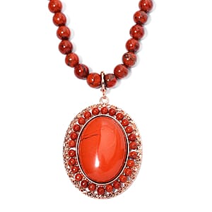 Red Jasper Halo Pendant with Beaded Necklace 18-20 Inches in Rosetone 291.60 ctw