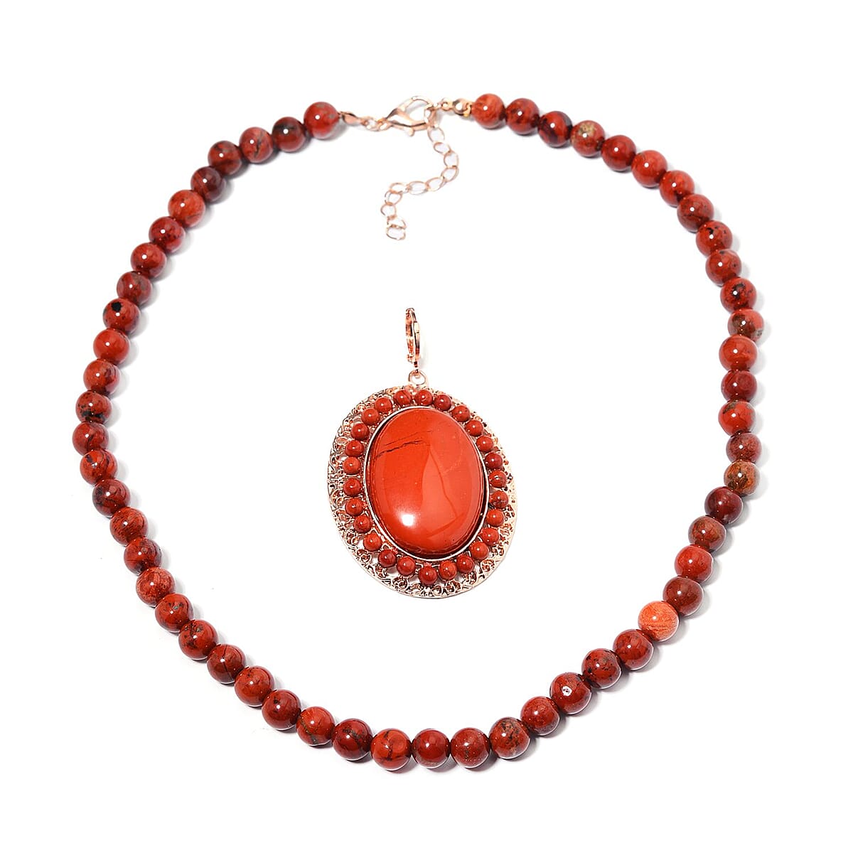 Red Jasper Halo Pendant with Beaded Necklace 18-20 Inches in Rosetone 291.60 ctw image number 3