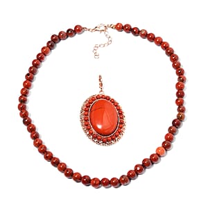 Red Jasper Halo Pendant with Beaded Necklace 18-20 Inches in Rosetone 291.60 ctw