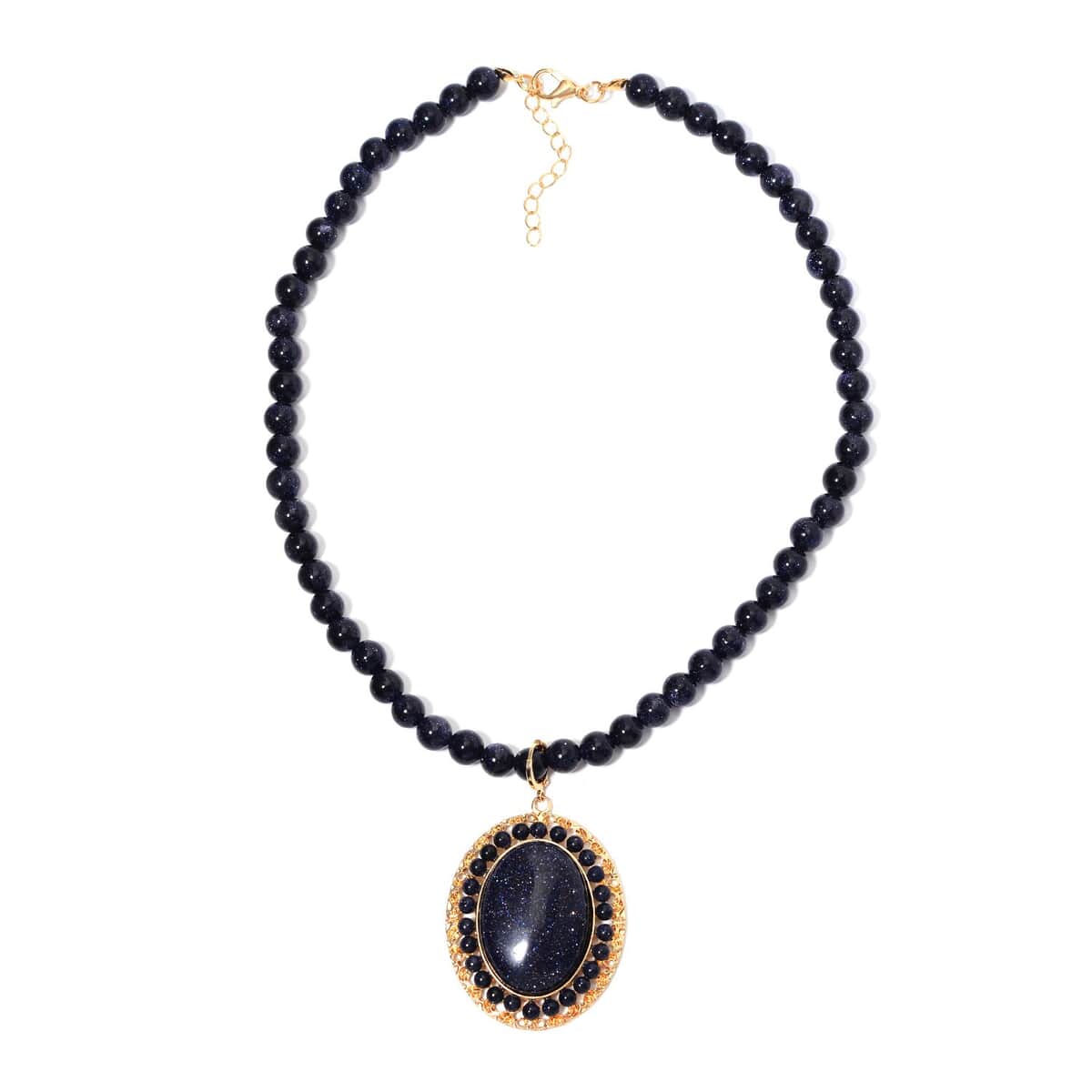 Blue Sandstone Halo Pendant with Beaded Necklace 18-20 Inches in Goldtone 268.05 ctw image number 0