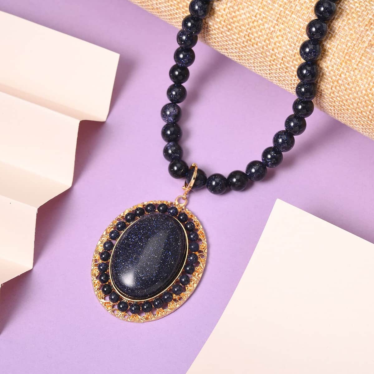 Blue Sandstone Halo Pendant with Beaded Necklace 18-20 Inches in Goldtone 268.05 ctw image number 1