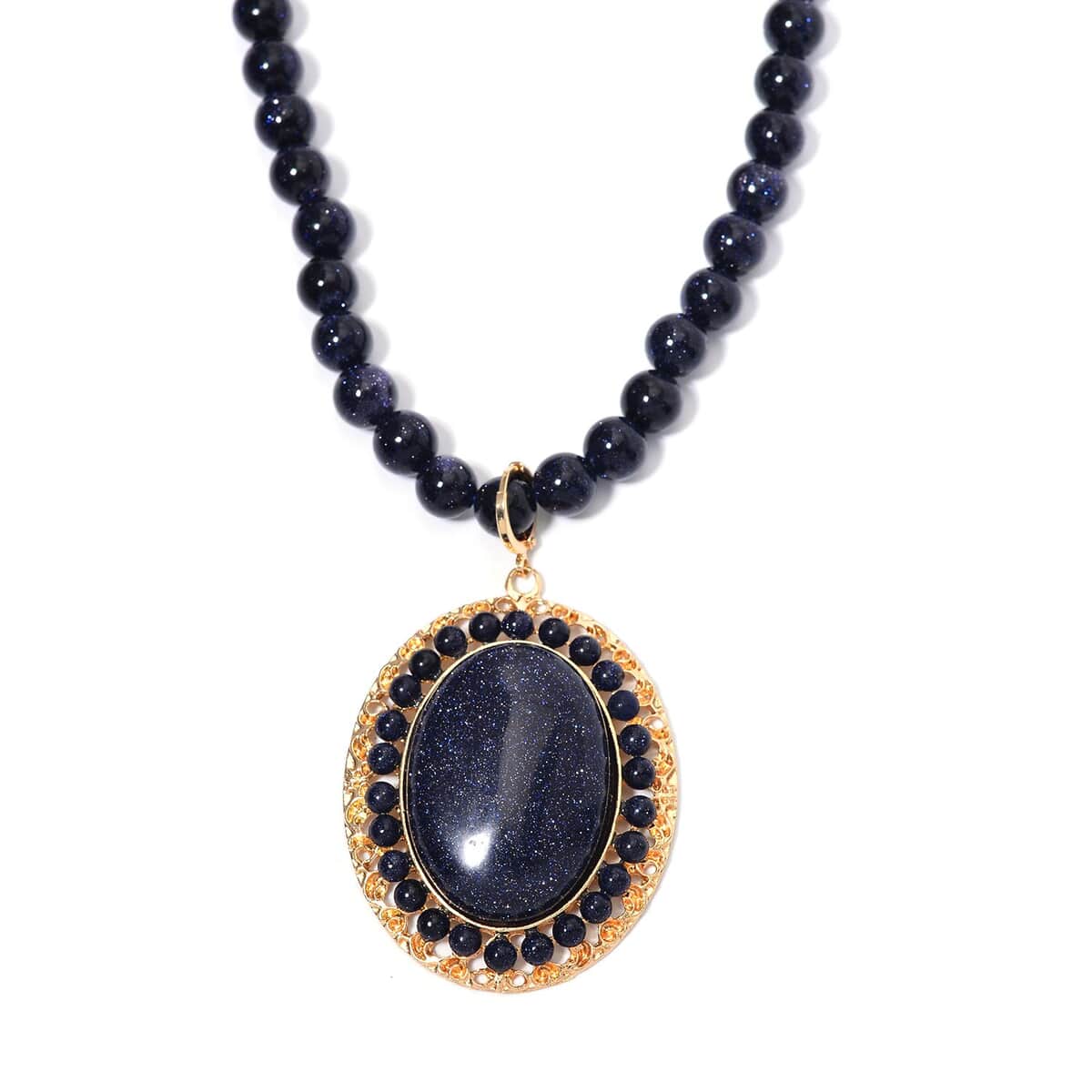 Blue Sandstone Halo Pendant with Beaded Necklace 18-20 Inches in Goldtone 268.05 ctw image number 2