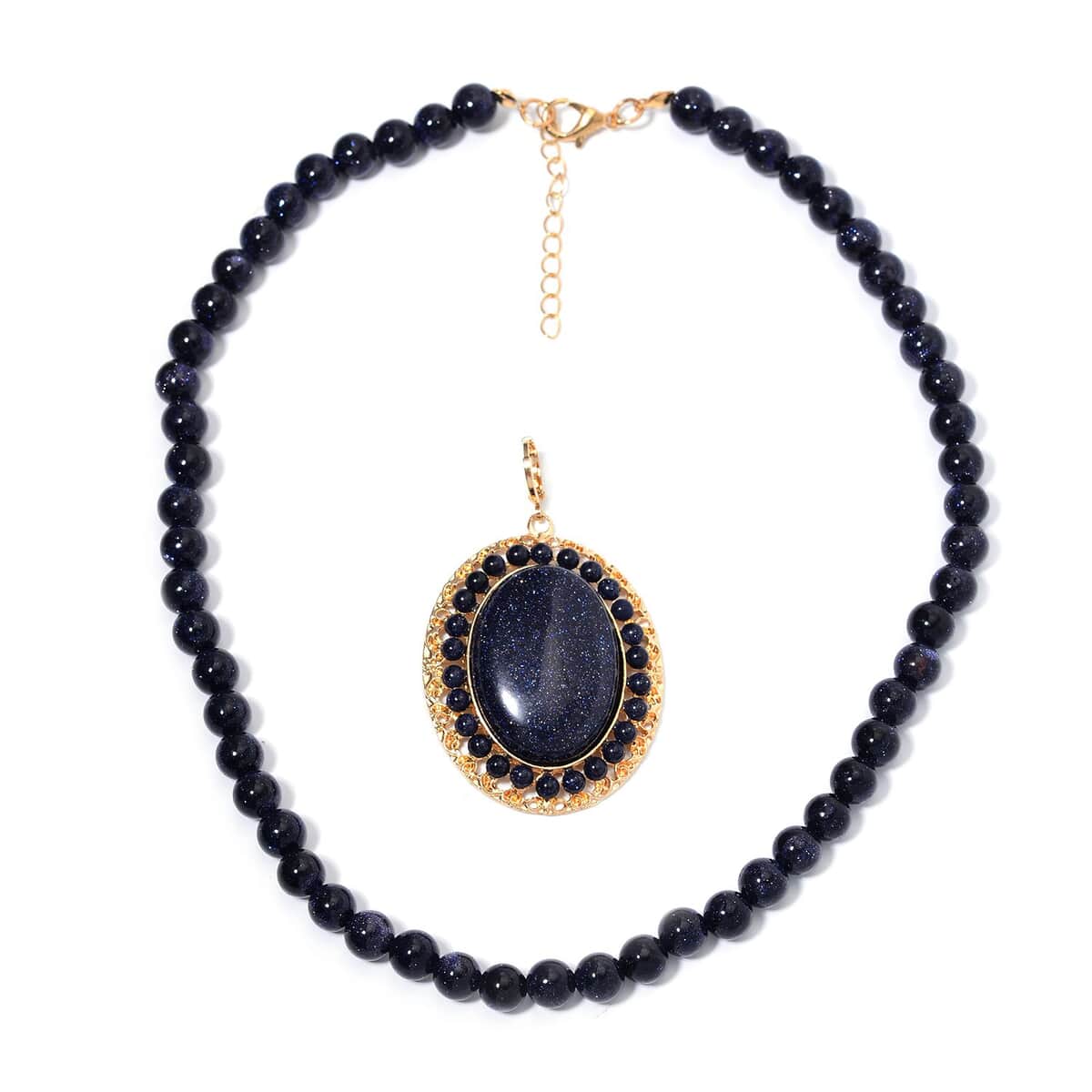 Blue Sandstone Halo Pendant with Beaded Necklace 18-20 Inches in Goldtone 268.05 ctw image number 3