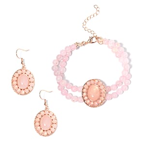 Galilea Rose Quartz Halo Dangle Earrings and Double Row Bracelet (8.0-10.0In) in Rosetone 140.60 ctw