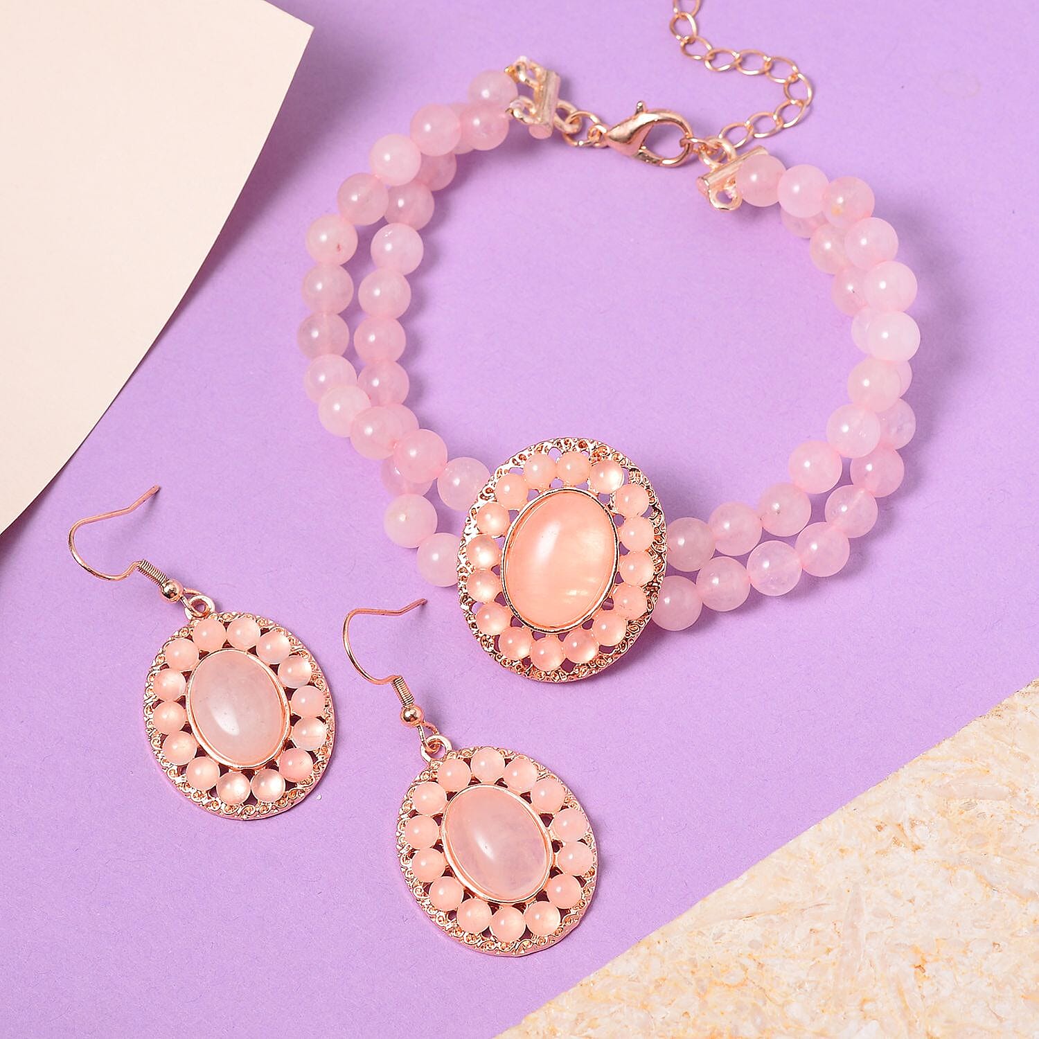 Galilea Rose Quartz Halo Dangle Earrings and Double Row Bracelet (8.0-10.0In) in Rosetone 140.60 ctw