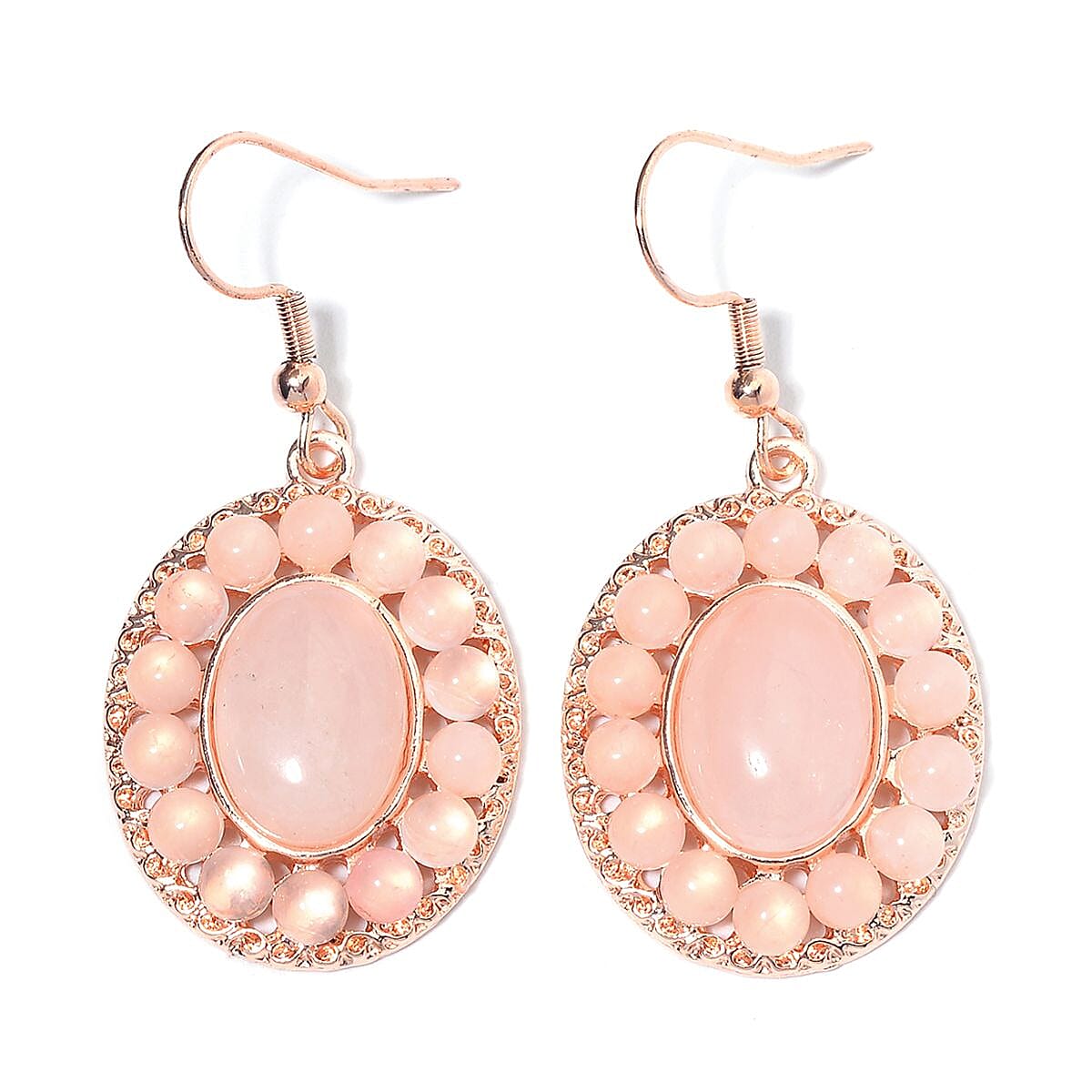 Galilea Rose Quartz Halo Dangle Earrings and Double Row Bracelet (8.0-10.0In) in Rosetone 140.60 ctw