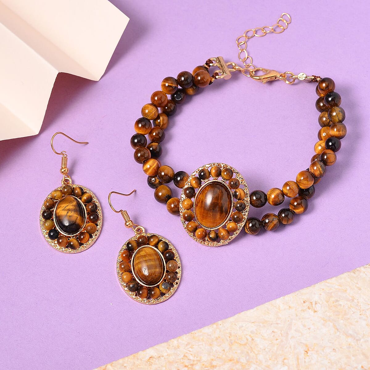 Yellow Tiger's Eye Halo Dangle Earrings and Double Row Bracelet (8.0-10.0In) in Goldtone 140.60 ctw image number 1
