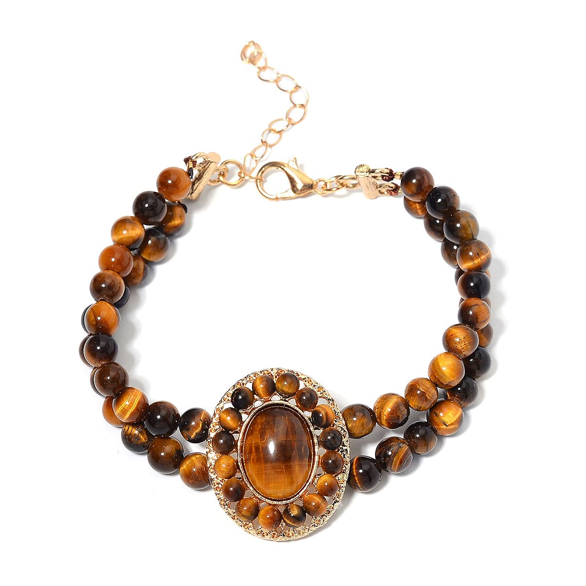 Yellow Tiger's Eye Halo Dangle Earrings and Double Row Bracelet (8.0-10.0In) in Goldtone 140.60 ctw image number 2