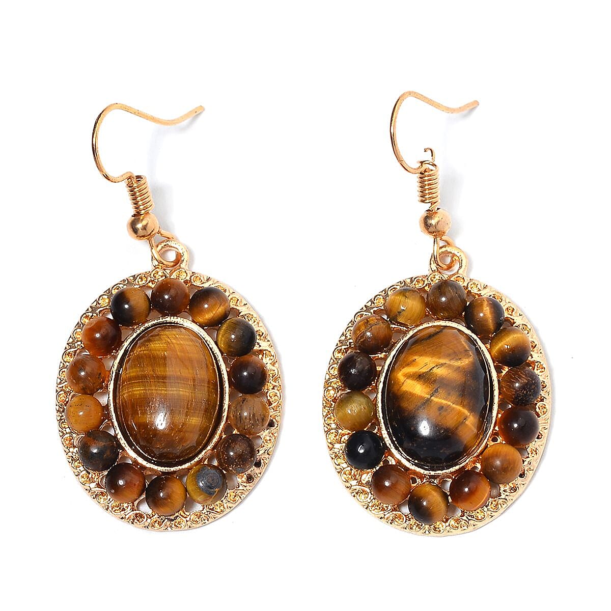 Yellow Tiger's Eye Halo Dangle Earrings and Double Row Bracelet (8.0-10.0In) in Goldtone 140.60 ctw image number 5