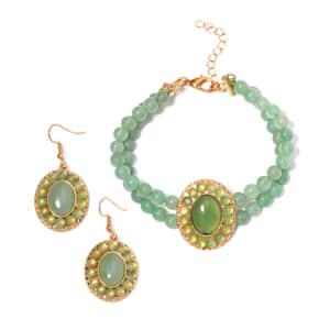 Green Aventurine Halo Dangle Earrings and Double Row Bracelet (8.0-10.0In) in Goldtone 140.60 ctw