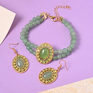 Green Aventurine Halo Dangle Earrings and Double Row Bracelet (8.0-10.0In) in Goldtone 140.60 ctw