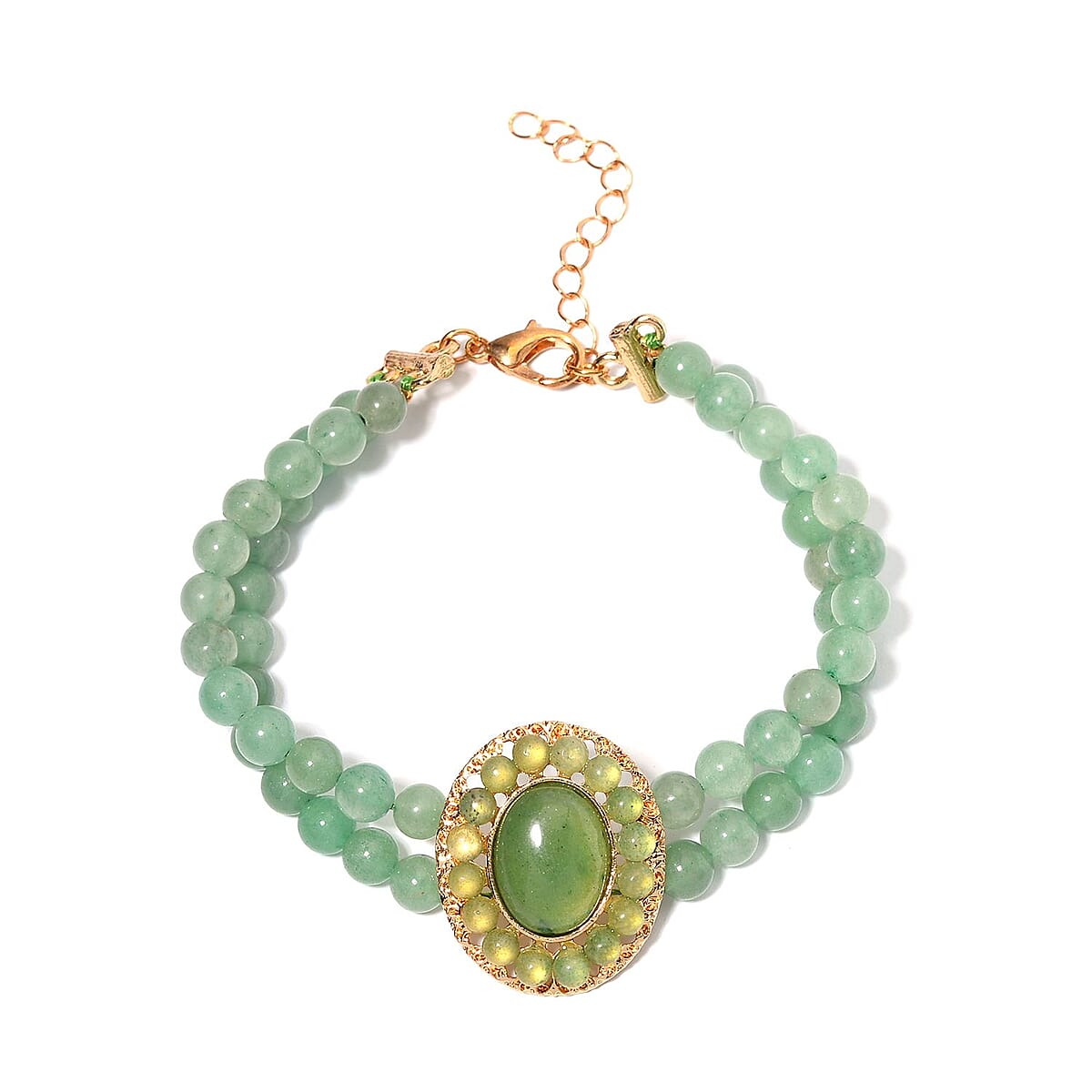 Green Aventurine Halo Dangle Earrings and Double Row Bracelet (8.0-10.0In) in Goldtone 140.60 ctw image number 2