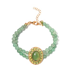 Green Aventurine Halo Dangle Earrings and Double Row Bracelet (8.0-10.0In) in Goldtone 140.60 ctw