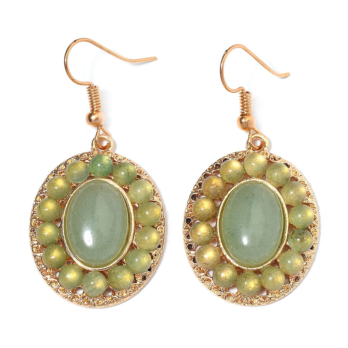 Green Aventurine Halo Dangle Earrings and Double Row Bracelet (8.0-10.0In) in Goldtone 140.60 ctw image number 5