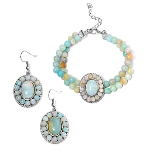 Multi Color Amazonite Halo Dangle Earrings and Double Row Bracelet (8.0-10.0In) in Silvertone 140.60 ctw