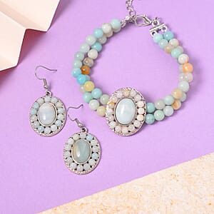 Multi Color Amazonite Halo Dangle Earrings and Double Row Bracelet (8.0-10.0In) in Silvertone 140.60 ctw
