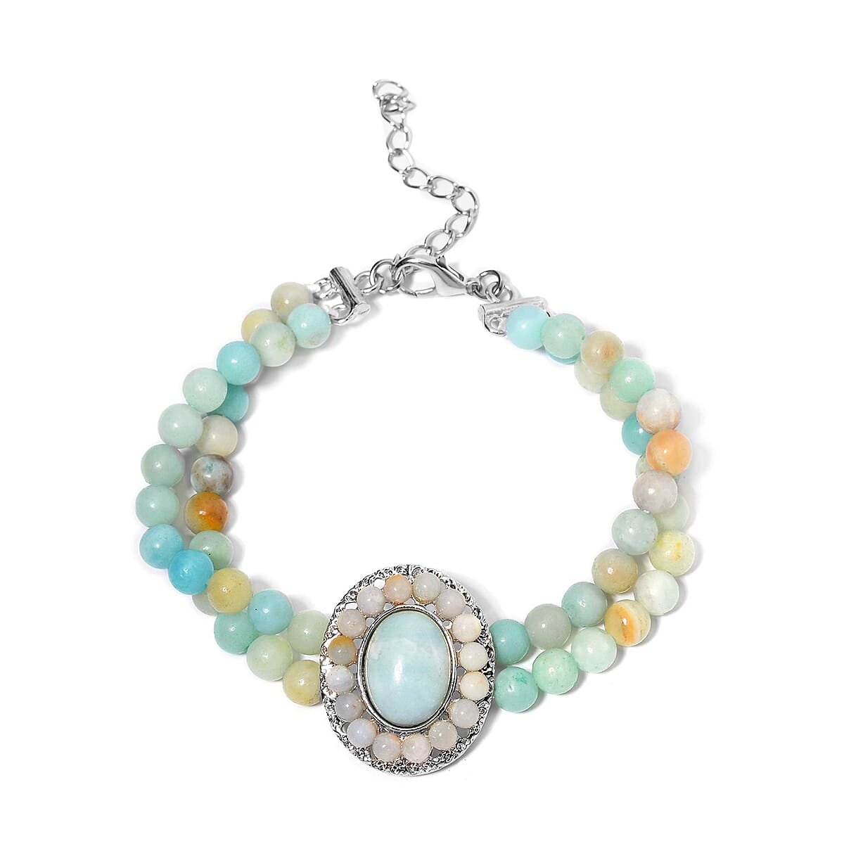 Multi Color Amazonite Halo Dangle Earrings and Double Row Bracelet (8.0-10.0In) in Silvertone 140.60 ctw image number 2