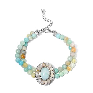 Multi Color Amazonite Halo Dangle Earrings and Double Row Bracelet (8.0-10.0In) in Silvertone 140.60 ctw