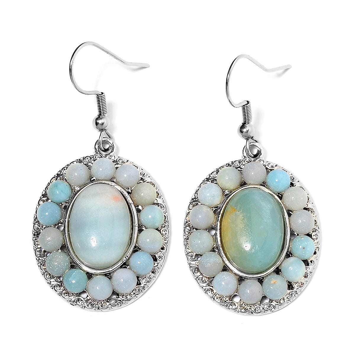 Multi Color Amazonite Halo Dangle Earrings and Double Row Bracelet (8.0-10.0In) in Silvertone 140.60 ctw image number 5