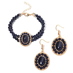 Blue Sandstone Halo Dangle Earrings and Double Row Bracelet (8.0-10.0In) in Goldtone 140.60 ctw