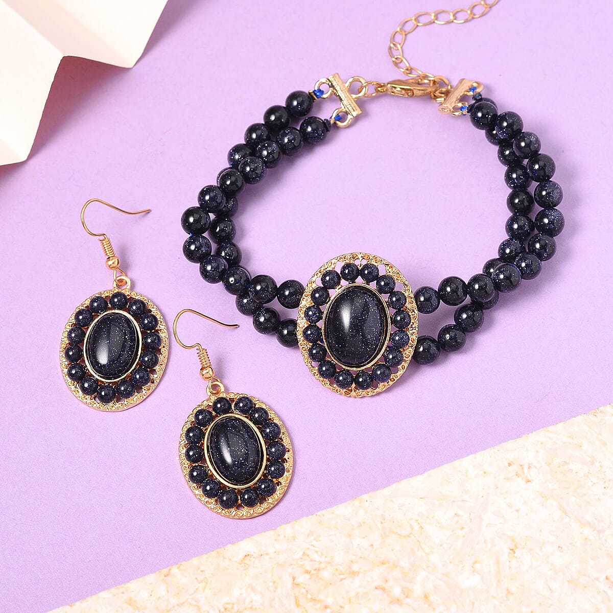 Blue Sandstone Halo Dangle Earrings and Double Row Bracelet (8.0-10.0In) in Goldtone 140.60 ctw image number 1