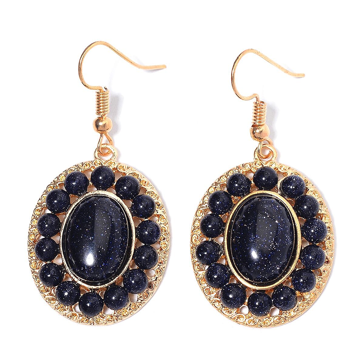 Blue Sandstone Halo Dangle Earrings and Double Row Bracelet (8.0-10.0In) in Goldtone 140.60 ctw image number 5