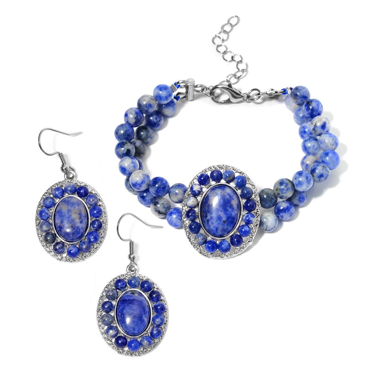 Sodalite Halo Dangle Earrings and Double Row Bracelet (8.0-10.0In) in Silvertone 140.60 ctw image number 0