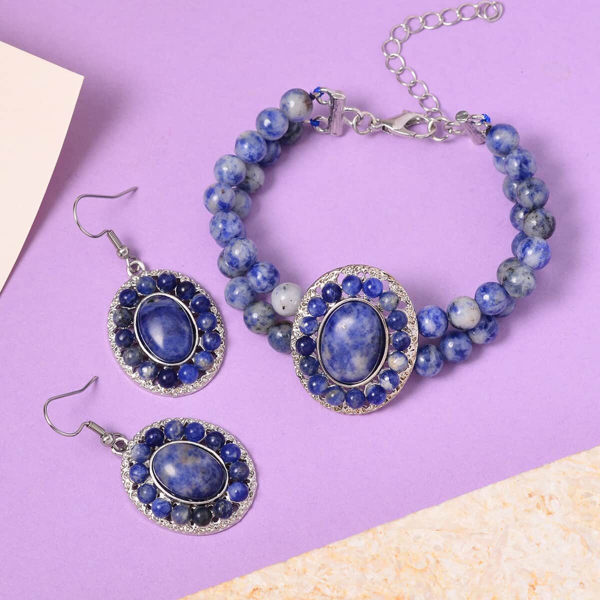 Sodalite Halo Dangle Earrings and Double Row Bracelet (8.0-10.0In) in Silvertone 140.60 ctw image number 1