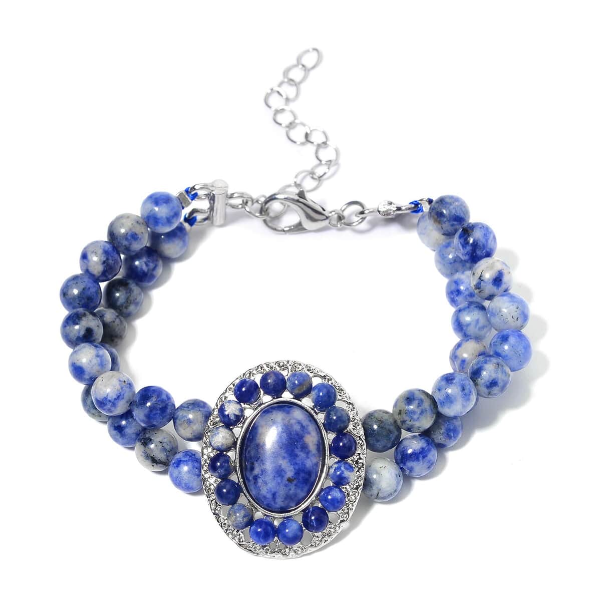 Sodalite Halo Dangle Earrings and Double Row Bracelet (8.0-10.0In) in Silvertone 140.60 ctw image number 2