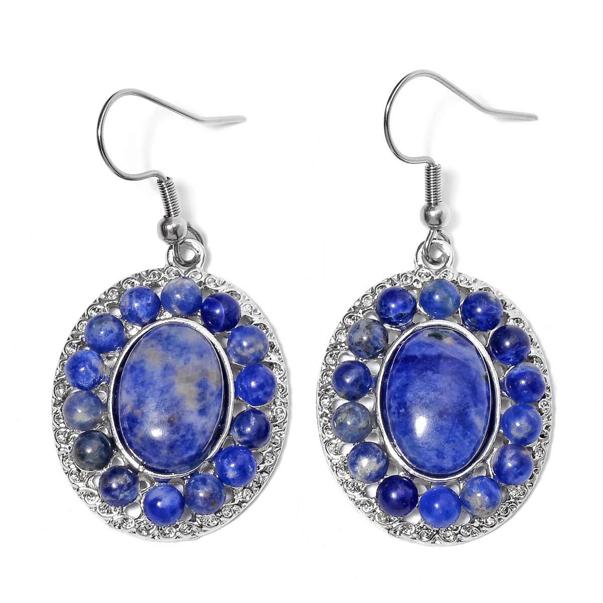 Sodalite Halo Dangle Earrings and Double Row Bracelet (8.0-10.0In) in Silvertone 140.60 ctw image number 5