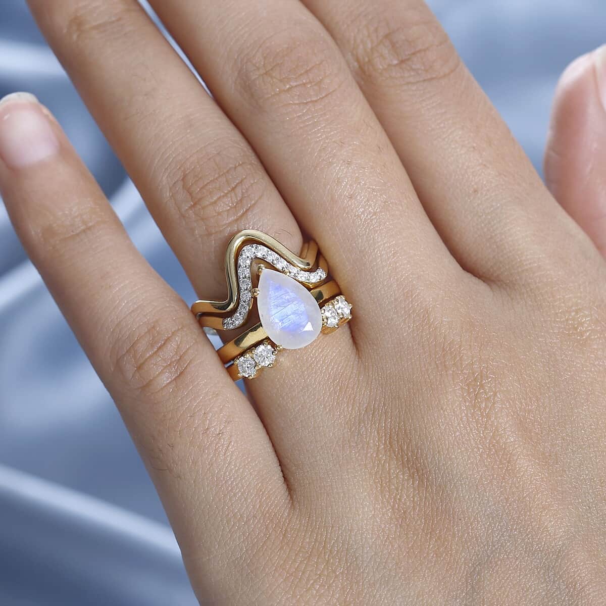 Rainbow Moonstone and Moissanite Set of 4 Stackable Ring in Vermeil Yellow Gold Over Sterling Silver (Size 6.0) 3.20 ctw image number 2