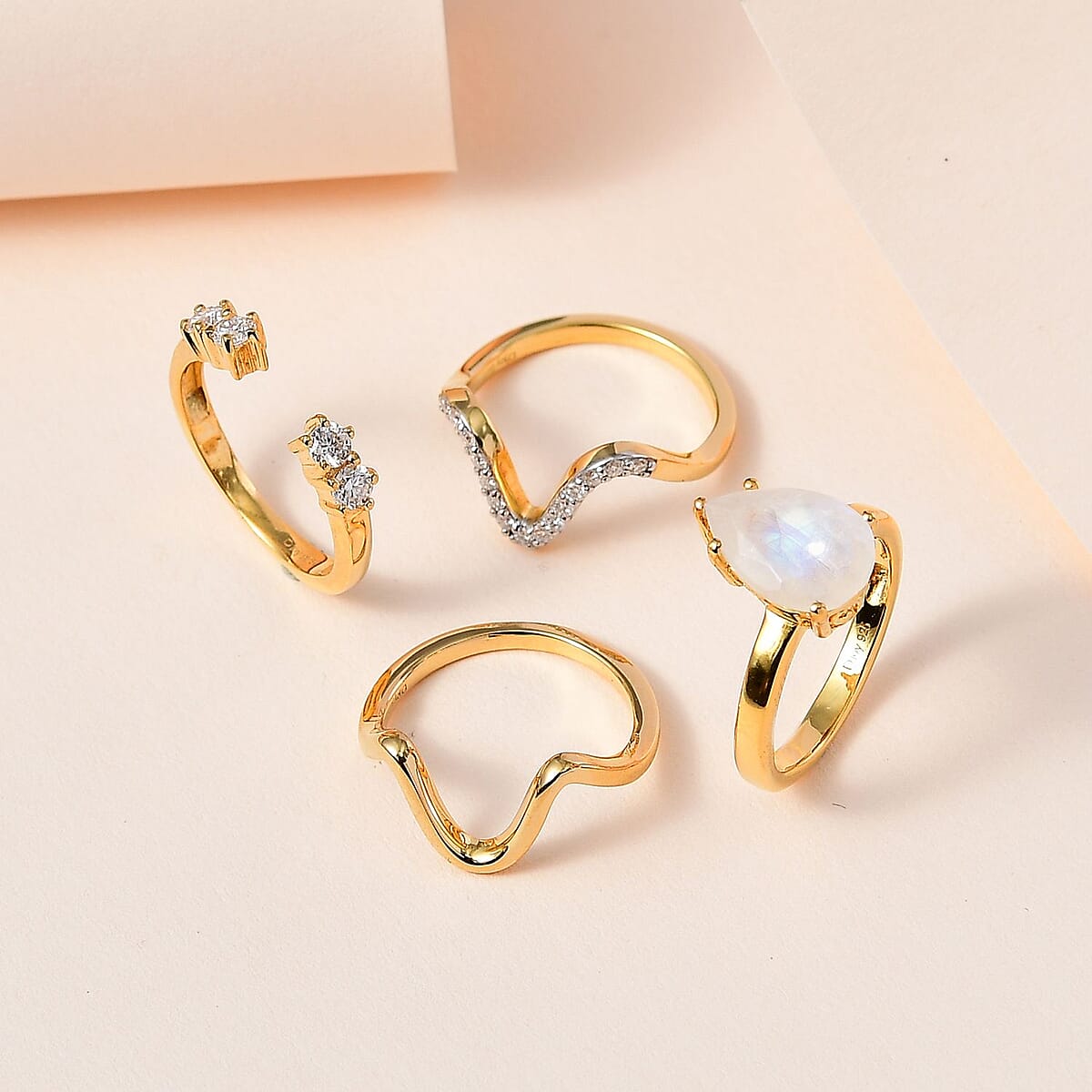 Rainbow Moonstone and Moissanite Set of 4 Stackable Ring in Vermeil Yellow Gold Over Sterling Silver (Size 7.0) 3.20 ctw image number 1