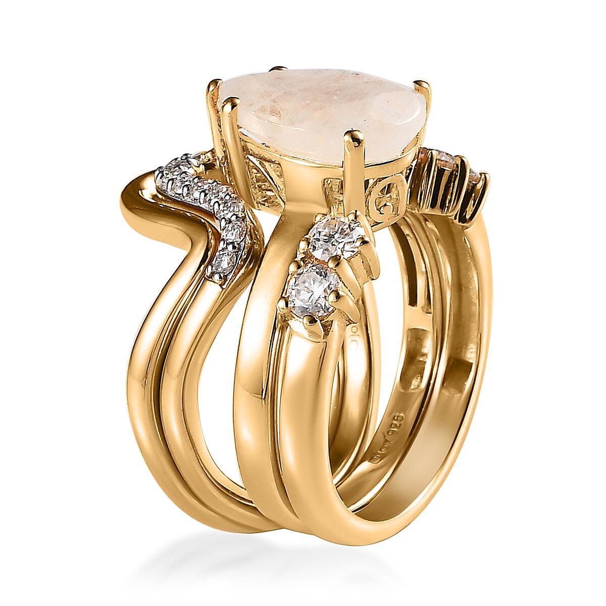 Rainbow Moonstone and Moissanite Set of 4 Stackable Ring in Vermeil Yellow Gold Over Sterling Silver (Size 7.0) 3.20 ctw image number 3