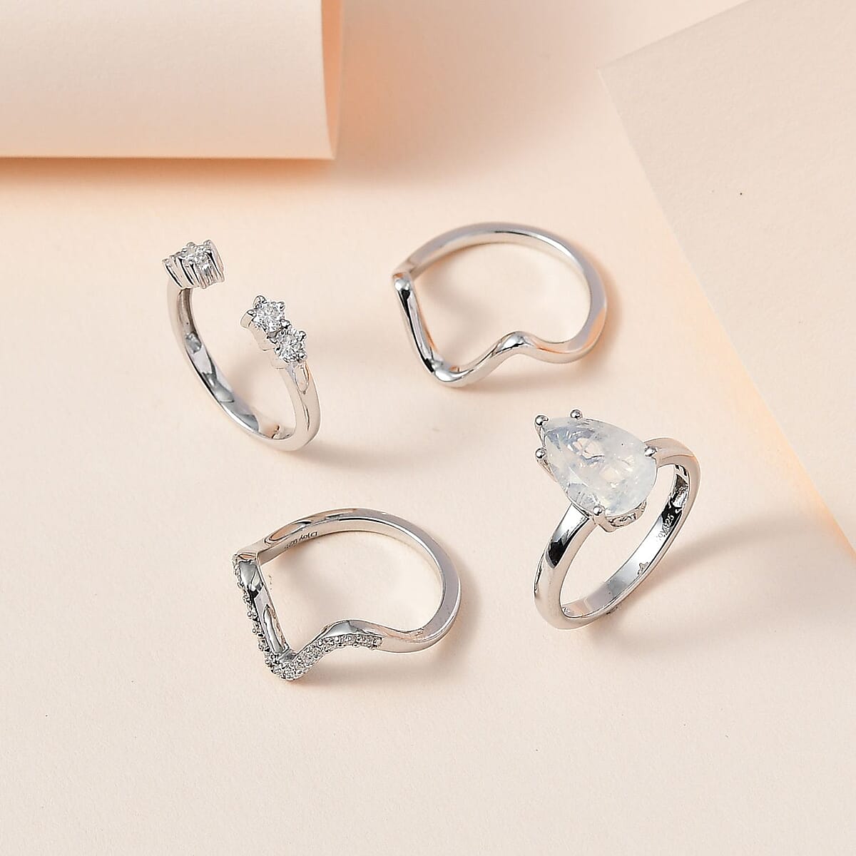 Rainbow Moonstone and Moissanite Set of 4 Stackable Ring in Platinum Over Sterling Silver (Size 9.0) 3.20 ctw image number 1