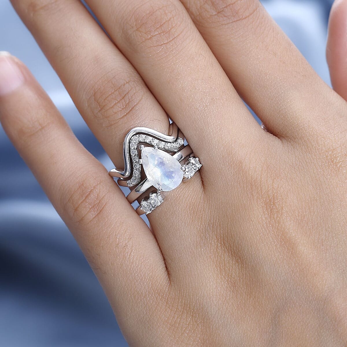 Rainbow Moonstone and Moissanite Set of 4 Stackable Ring in Platinum Over Sterling Silver (Size 9.0) 3.20 ctw image number 2