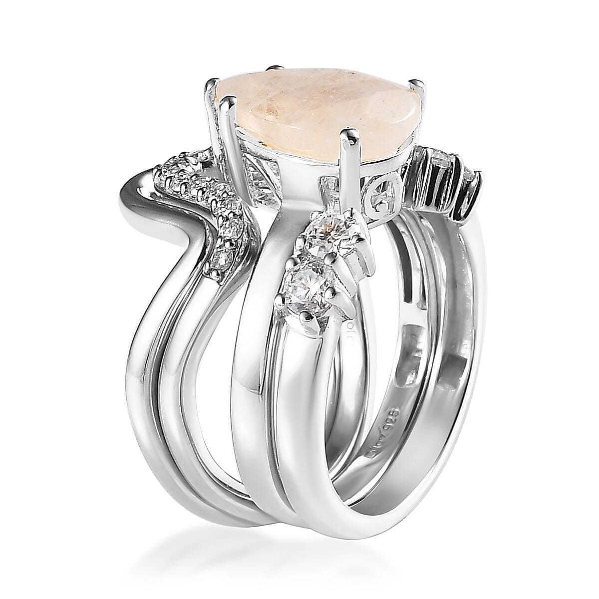 Rainbow Moonstone and Moissanite Set of 4 Stackable Ring in Platinum Over Sterling Silver (Size 9.0) 3.20 ctw image number 3