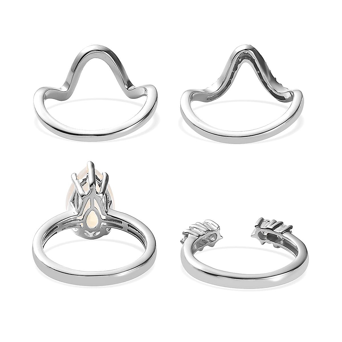 Rainbow Moonstone and Moissanite Set of 4 Stackable Ring in Platinum Over Sterling Silver (Size 9.0) 3.20 ctw image number 4