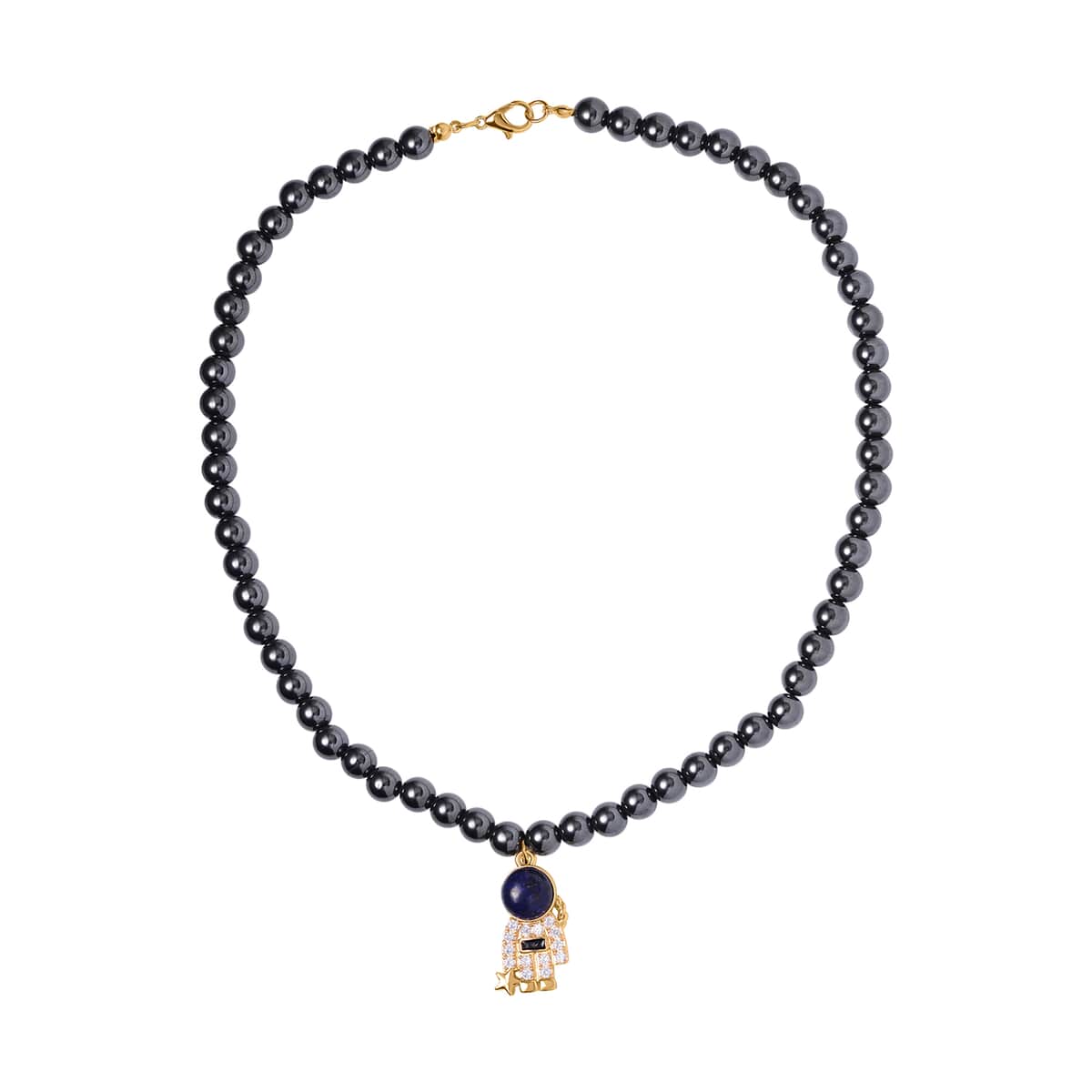 Lapis Lazuli and Simulated Diamond Spaceman Pendant with Hematite Beaded Necklace 20 Inches in Goldtone 426.00 ctw image number 0