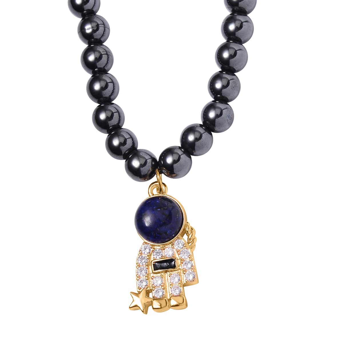 Lapis Lazuli and Simulated Diamond Spaceman Pendant with Hematite Beaded Necklace 20 Inches in Goldtone 426.00 ctw image number 2