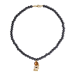 Yellow Tiger's Eye and Simulated Diamond Spaceman Pendant with Hematite Beaded Necklace 20 Inches in Goldtone 426.00 ctw