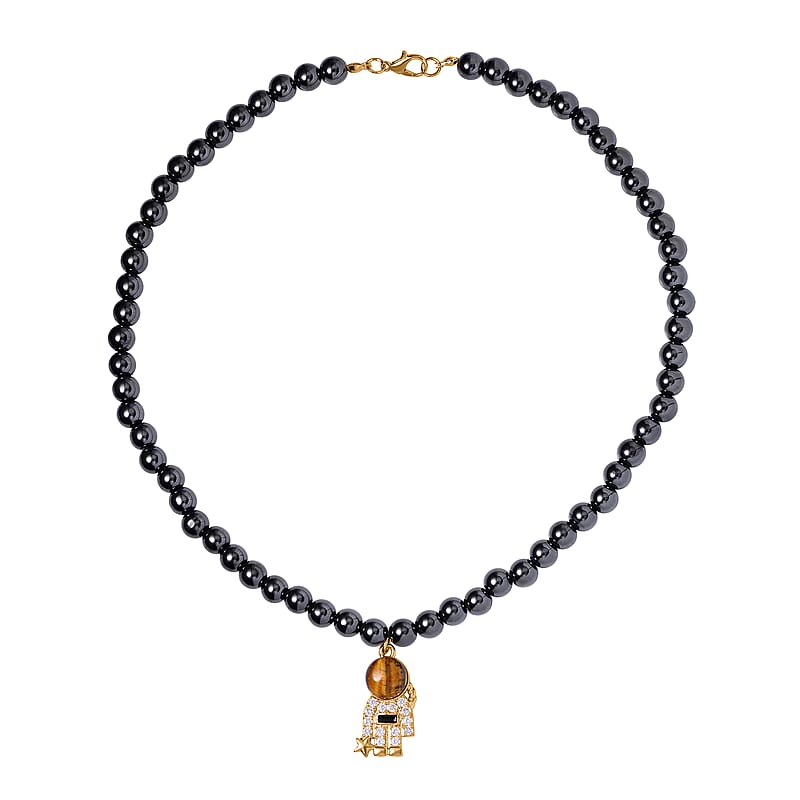 Yellow Tiger's Eye and Simulated Diamond Spaceman Pendant with Hematite Beaded Necklace 20 Inches in Goldtone 426.00 ctw