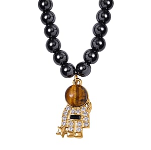 Yellow Tiger's Eye and Simulated Diamond Spaceman Pendant with Hematite Beaded Necklace 20 Inches in Goldtone 426.00 ctw