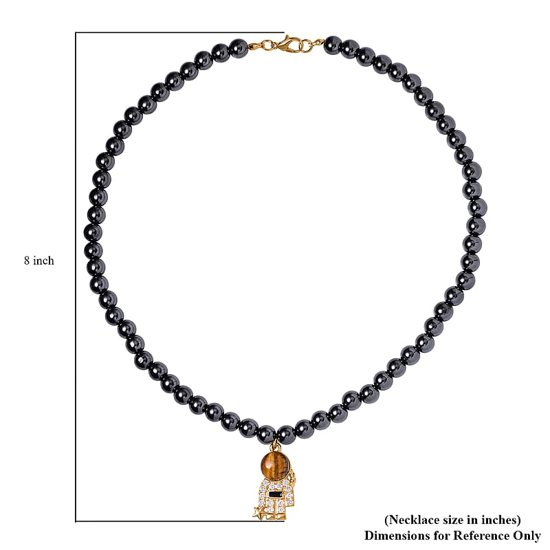 Yellow Tiger's Eye and Simulated Diamond Spaceman Pendant with Hematite Beaded Necklace 20 Inches in Goldtone 426.00 ctw