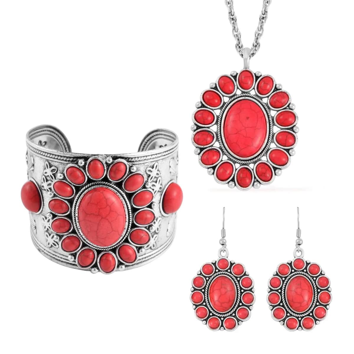 Red Howlite 219.00 ctw Dangle Earrings, Cuff Bracelet (7.5-8.5In) and Pendant Necklace in Silvertone, Red Jewelry Set, Birthday Gift For Her 26-30 Inches image number 0