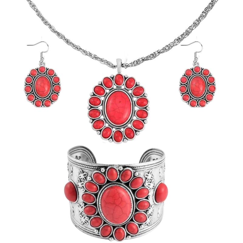 Constituted Red Howlite 219.00 ctw Dangle Earrings, Cuff Bracelet (7.5-8.5In) and Pendant Necklace 26-30 Inches in Silvertone
