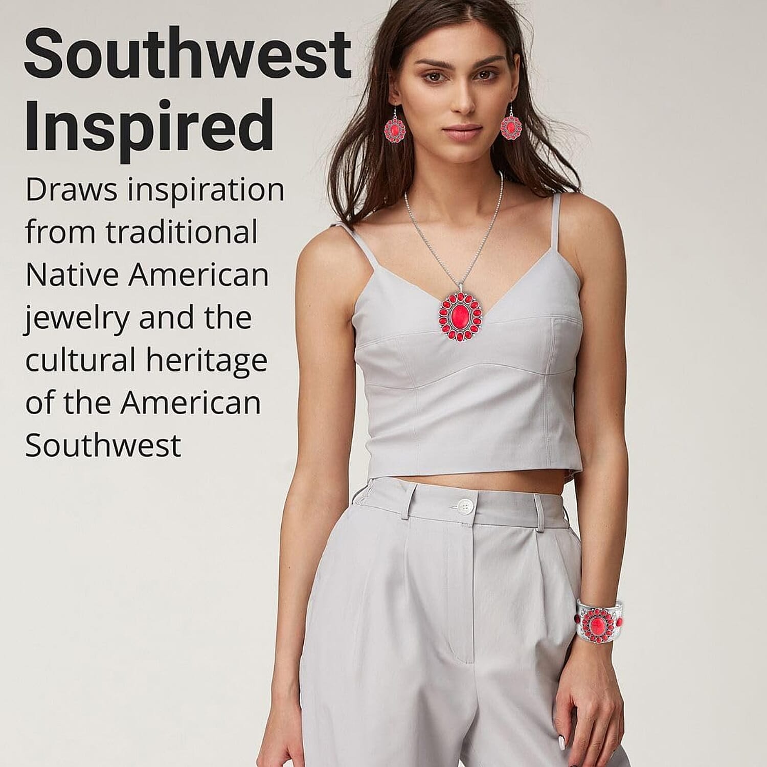 Constituted Red Howlite 219.00 ctw Dangle Earrings, Cuff Bracelet (7.5-8.5In) and Pendant Necklace 26-30 Inches in Silvertone
