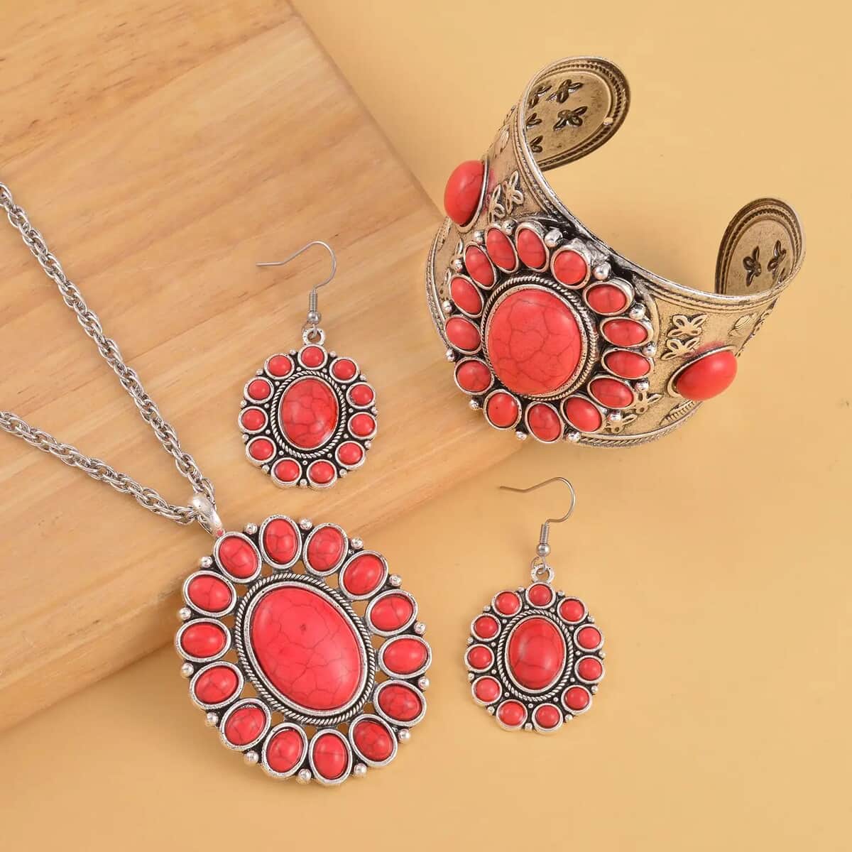 Red Howlite 219.00 ctw Dangle Earrings, Cuff Bracelet (7.5-8.5In) and Pendant Necklace in Silvertone, Red Jewelry Set, Birthday Gift For Her 26-30 Inches image number 1