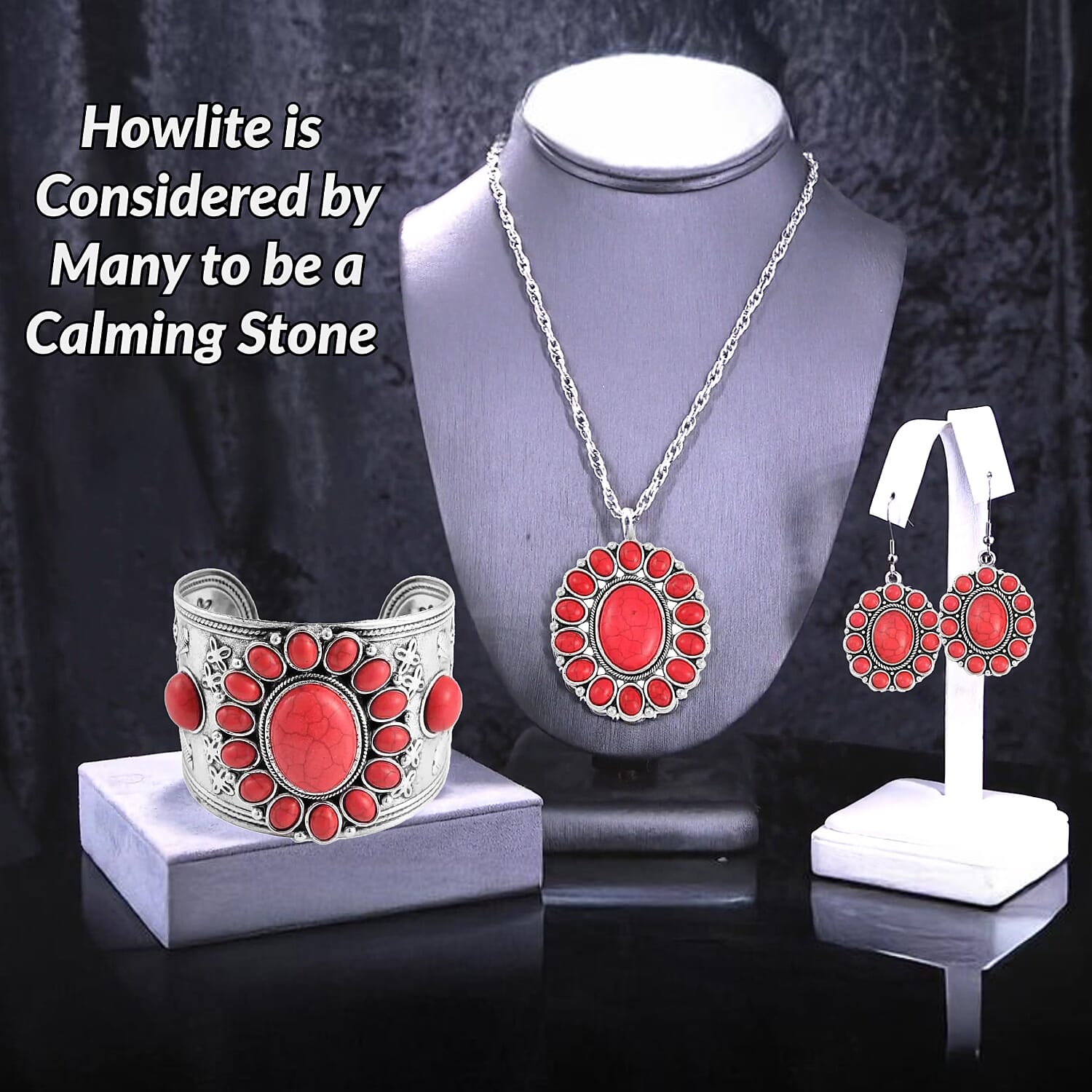 Constituted Red Howlite 219.00 ctw Dangle Earrings, Cuff Bracelet (7.5-8.5In) and Pendant Necklace 26-30 Inches in Silvertone