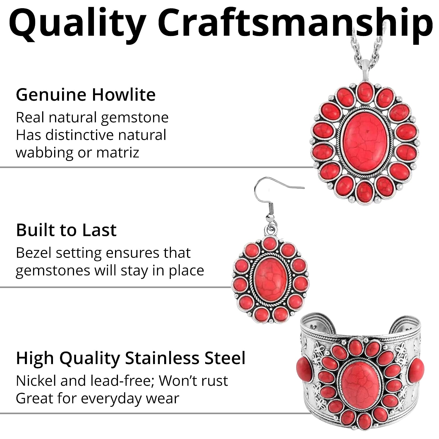 Constituted Red Howlite 219.00 ctw Dangle Earrings, Cuff Bracelet (7.5-8.5In) and Pendant Necklace 26-30 Inches in Silvertone